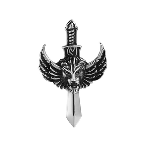 Gothic lion head sword pendant in silver stainless steel with wings design for men
