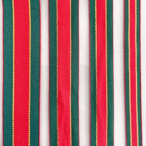 Red and green striped Christmas ribbon with gold trim in four widths for gift wrapping