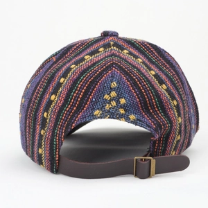 Bohemian striped woven baseball cap with brown leather adjustable strap back view