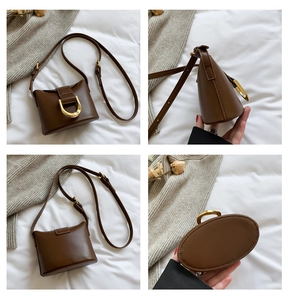 Detail view showing four angles of a brown leather crossbody bag with gold hardware