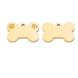 Golden bone-shaped pet tag with paw prints made of mirror-polished titanium steel