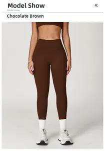 Chocolate brown high-waisted yoga pants on model, professional gym leggings showcase