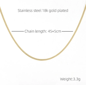Detail of 18k gold plated stainless steel curb chain with 45+5cm length and 3.3g weight