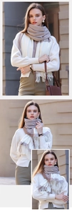 Detailed views of checkered beige scarf with fringe details and soft cashmere texture