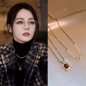 Double Layer Necklace With Tiger Eye Stone Pendant 18K Gold Plated Alloy Snake Chain Vintage Elegant Jewelry For Women