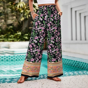 Pantalon Large Palazzo Femme Taille Haute Viscose Taille Élastique Imprimé Fleuri Boho Plage Été Décontracté