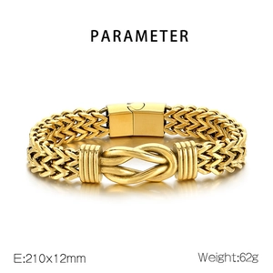 Detail of gold titanium steel braided knot bracelet showing 210x12mm size and 62g weight
