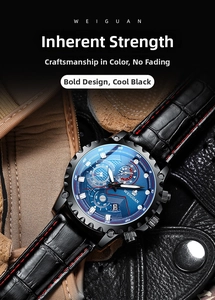 Detail of WEIGUAN sports watch with blue dial and black leather strap on a jacket