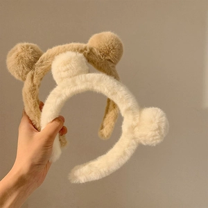 Cute plush bear ear headbands in beige and off-white colors for skincare and daily wear