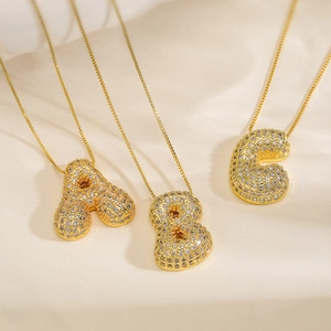 Gold bubble letter necklaces A, B, C with paved crystals and delicate box chain