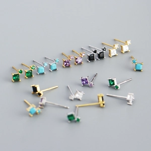 Geometric Square Round Zircon Stud Earrings With 925 Sterling Silver Earring Post For Women Dainty Jewelry