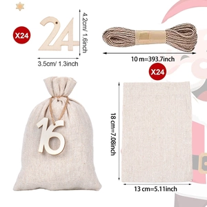 24-piece Christmas advent calendar kit with beige burlap bags, wooden tags, and twine cord