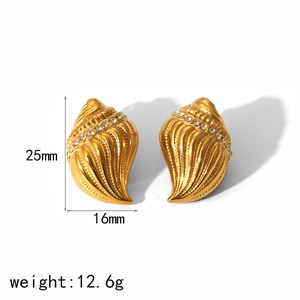 Gold conch shell earrings in stainless steel with cubic zirconia, size 25mm x 16mm