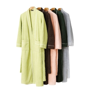 Plush oversized long bathrobes in five colors featuring white piping and waist belt