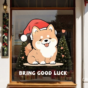 Christmas Shiba Inu window sticker with red hat and Bring Good Luck text for holiday decor