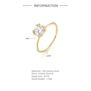 Detail view of 7mm round zirconia in six-prong setting on gold-plated S925 silver ring