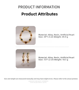 Detail view of vintage pearl resin necklace and earrings with precise dimensions
