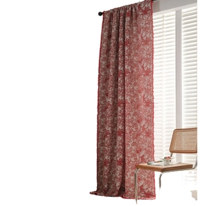 Christmas red botanical print curtains with pom pom trim and textured linen finish