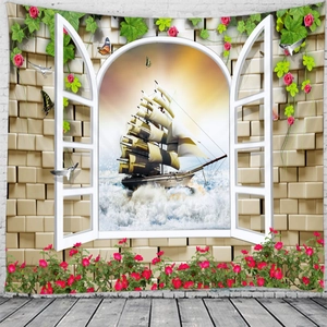 Detailed wall hanging tapestry featuring a 3D window view of a calm sea with red roses