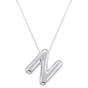 Detailed view of silver balloon letter N pendant with a polished box chain necklace