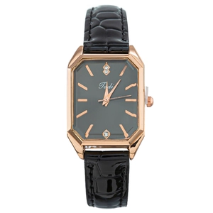 Elegant rose gold square quartz watch for women with black leather strap and diamond dial