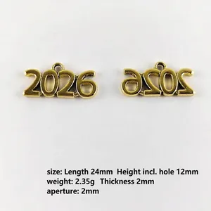 Golden 2026 alloy number pendant charm for DIY necklaces and crafts, 24x12mm size