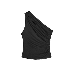 Women's black one-shoulder asymmetric top with pleated ruffle details on a plain background