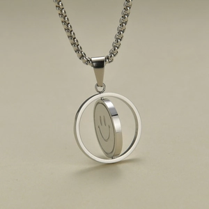 Rotating smiley face pendant necklace in silver stainless steel with box chain for couple