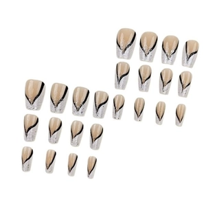 Lot de 24 faux ongles avec dégradé pailleté et lignes noires en V forme cercueil