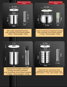Size chart showing 304 stainless steel mortar and pestle sets in four different dimensions