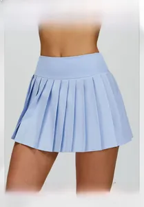 Detailed pleats of light blue high-waisted tennis skirt with smooth knit fabric