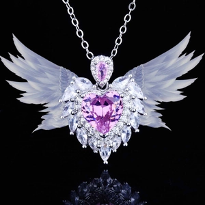 Pink heart angel wing necklace with sparkling cubic zirconia on a silver chain