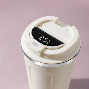 Beige 304 stainless steel smart coffee mug with LED temperature display at 25 degrees