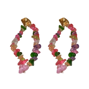 Colorful irregular stone tassel earrings with gold-textured metal studs for women
