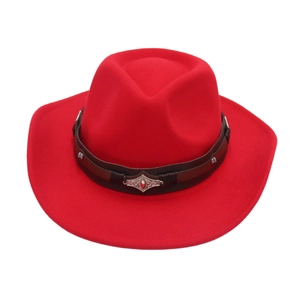 Detail of red wool cowboy hat featuring a brown leather band and ornate vintage metal buckle
