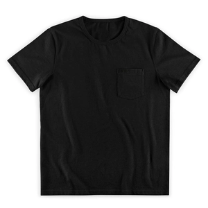 Detailed texture of black cotton Henley T-shirt featuring a single chest pocket and buttons