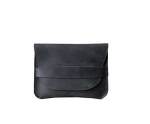Detail of dark grey crazy horse leather card holder with horizontal strap and stitching