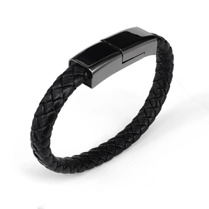Braided leather charger bracelet for men with black magnetic clasp in 45-degree angle view