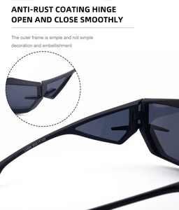 Detail of rust-proof coated hinges and smooth opening mechanism on Y2K tech sunglasses