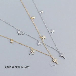 S925 sterling silver star necklace with zircon pendant and adjustable 45+5cm chain
