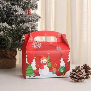 Boîte cadeau de Noël rouge avec motifs bonhomme de neige et poignée de transport