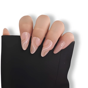 Minimalist almond press-on nails with white and gold swirl lines on nude base