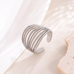 Minimalist wide layered open ring in silver stainless steel with adjustable design