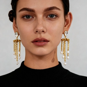 Elegant gold tassel earrings with pearls and crystals shown on model in a minimalist setting
