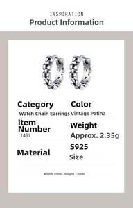 Detail view of S925 sterling silver chain link earrings with vintage finish and dimensions
