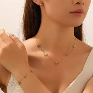 Gold-plated stainless steel sun jewelry set including necklace, bracelet, and earrings on model