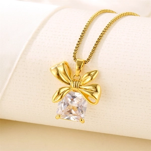 18K gold plated stainless steel bow necklace with square zircon pendant for women