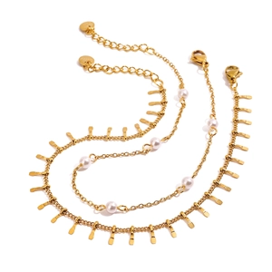 Double Layer Anklet 18K Gold Plated Stainless Steel Freshwater Pearl Bar Pendant Adjustable Fashion For Women