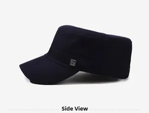 Side view of navy blue cotton flat top military cap with square metal side logo