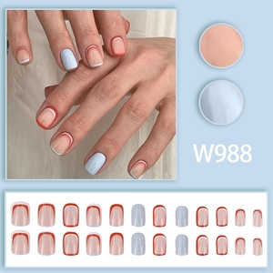 Blue and French tip square press-on nails set with orange-white double borders
